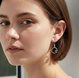 Ashley Andrews Sterling Silver Hoop Earrings with Black Crystal Accent